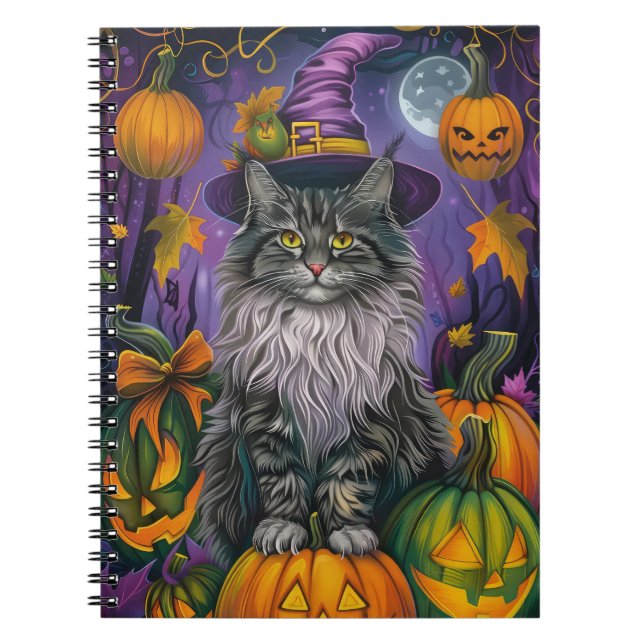 Carnet Chat Sibérien éffrayant Halloween sorcière et Citr (Devant)