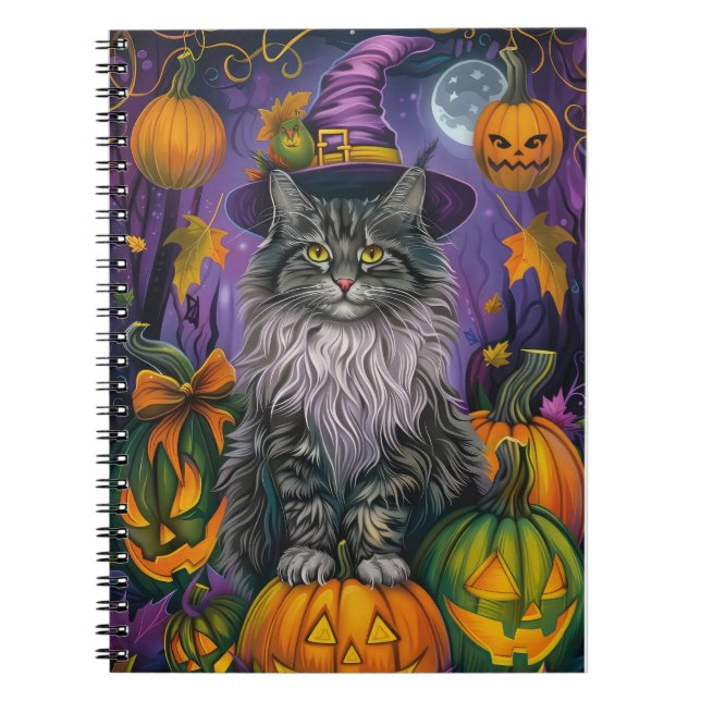 Carnet Chat Sibérien éffrayant Halloween sorcière et Citr (Devant)