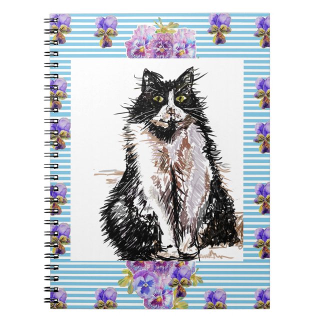 Carnet Chat Tuxedo Chats Noirs et Blancs Fleurs Bleues (Devant)
