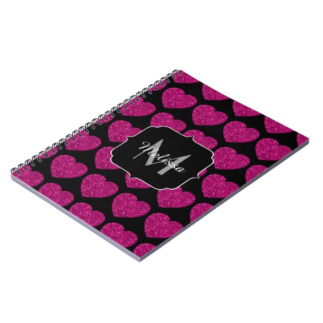 Carnet Chaud coeur rose faux pétille motif Monogramme (Côté gauche)