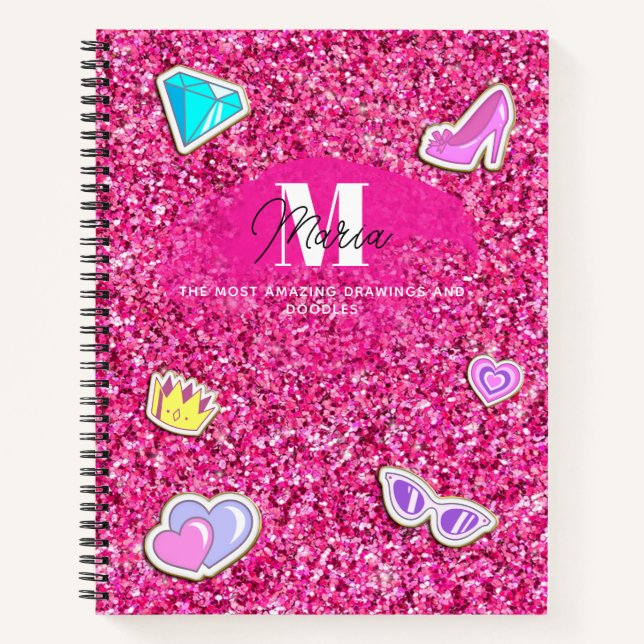 Carnet Chaud rose Parties scintillant Girl Monogramme Nom (Devant)