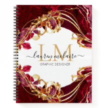 Cherry Red & Gold Monogram Name Script Notebook