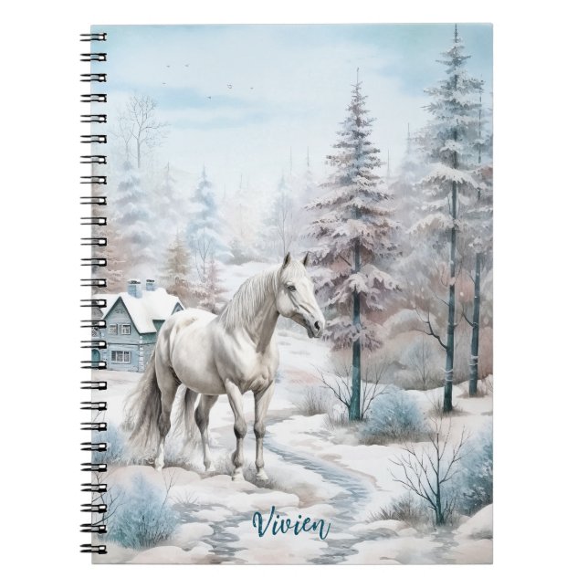 Carnet Cheval hiver scène neige forêt Noël (Devant)
