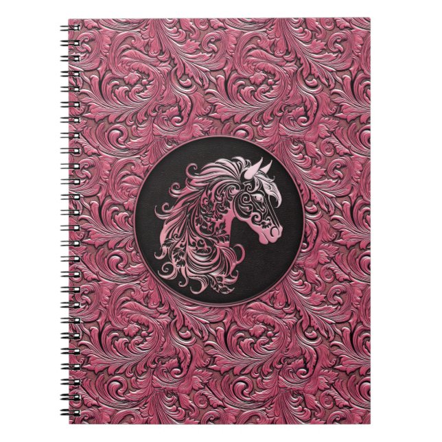 Carnet Cheval rose cowgirl floral à outils cuir (Devant)