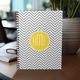 Carnet Chevrons gris et jaune Monogramme personnalisé