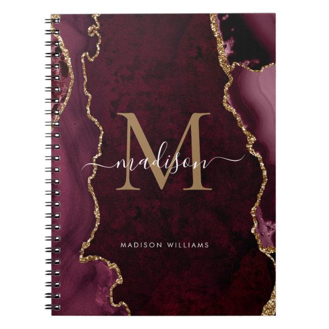 Carnet Chic Bourgogne Rouge Or Agate Géode Monogramme Scr (Devant)