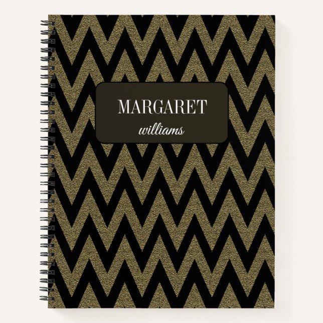 Carnet Chic chevron zigzag  glitter &black custom name (Devant)