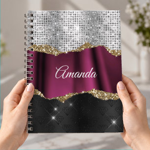 Carnet Chic faux argent paillettes Fuchsia monogramme noi