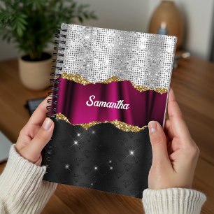 Carnet Chic faux paillettes argent Fuchsia monogramme noi