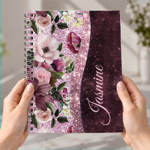 Carnet Chic floral bordeaux rose violet paillettes monogr