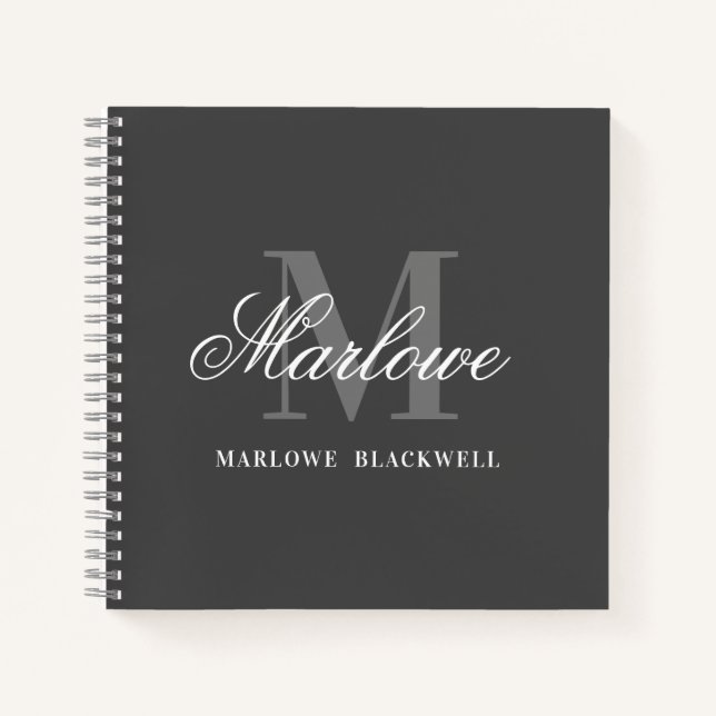 Carnet Chic gris foncé blanc monogramme calligraphie (Devant)