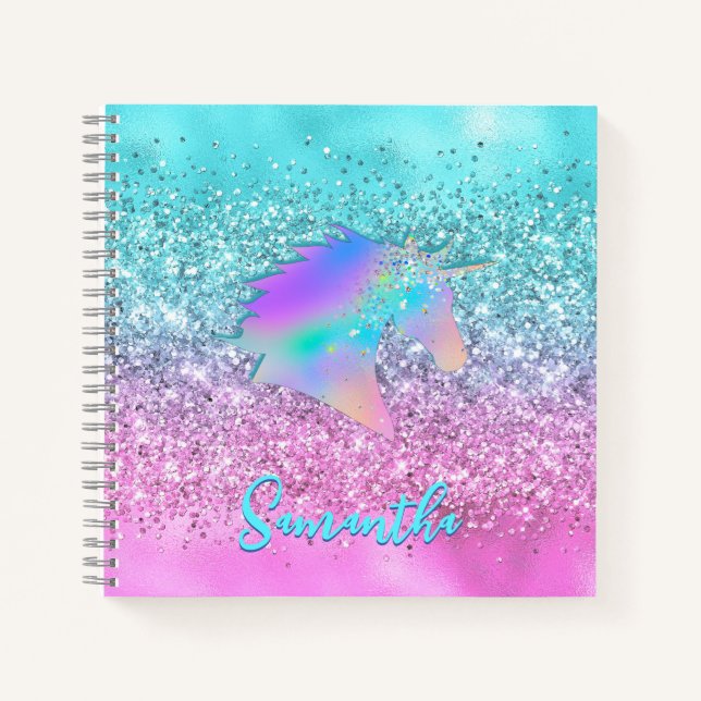 Carnet Chic Licorne Rose Aqua Paillettes monogramme glamo (Devant)
