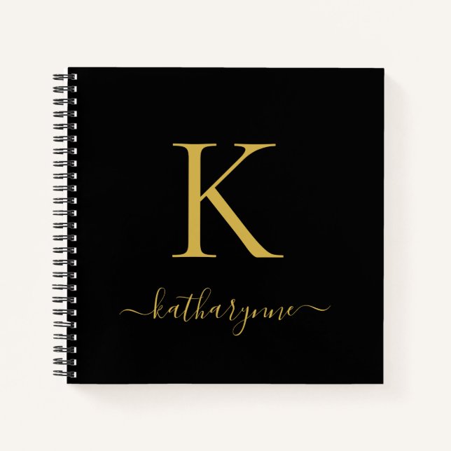 Carnet Chic Modern Black Gold Monogramme Nom (Devant)