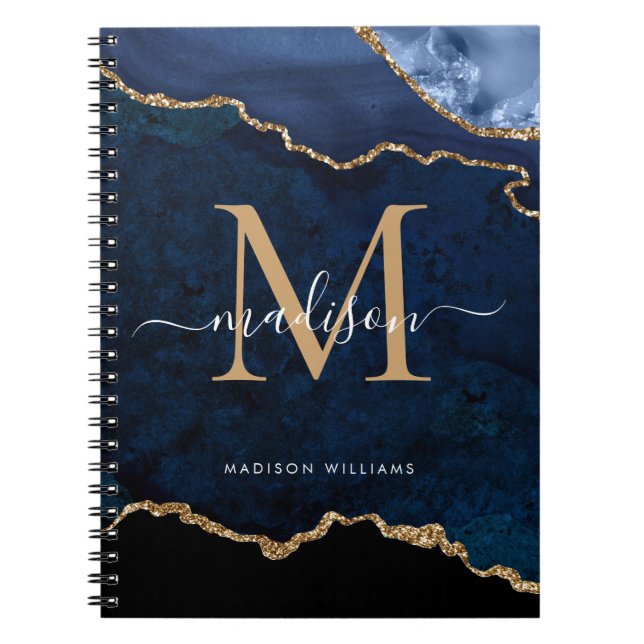 Carnet Chic Navy Blue Gold Parties scintillant Agate Géod (Devant)