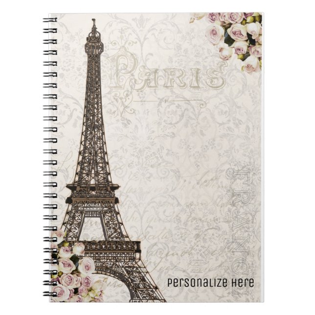 Carnet Chic Paris Eiffel Tour & Rose Élégant Personnalisé (Devant)