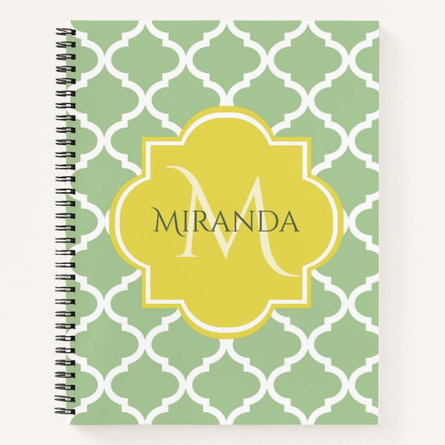 Carnet Chic Pastel Green Quatrefoil Jaune Nom Monogramme (Devant)