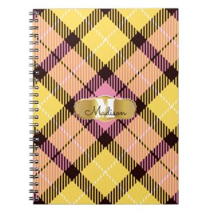 Carnet Chic Pink Yellow Tartan Gold Monogramme Nom du scr