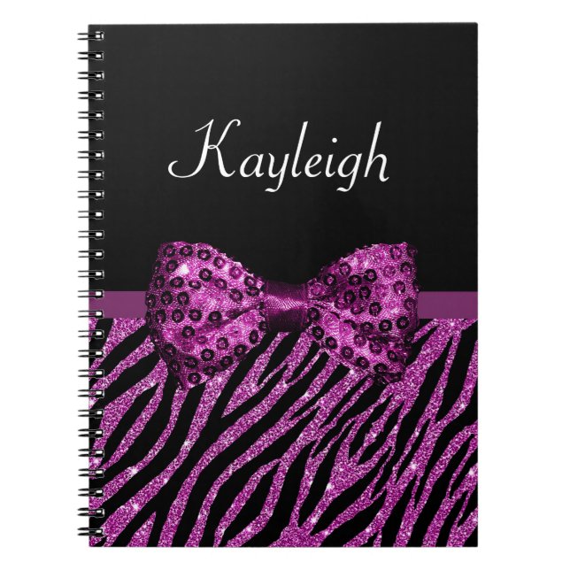 Carnet Chic Purple Zebra Print FAUX Glitz Bow avec nom (Devant)