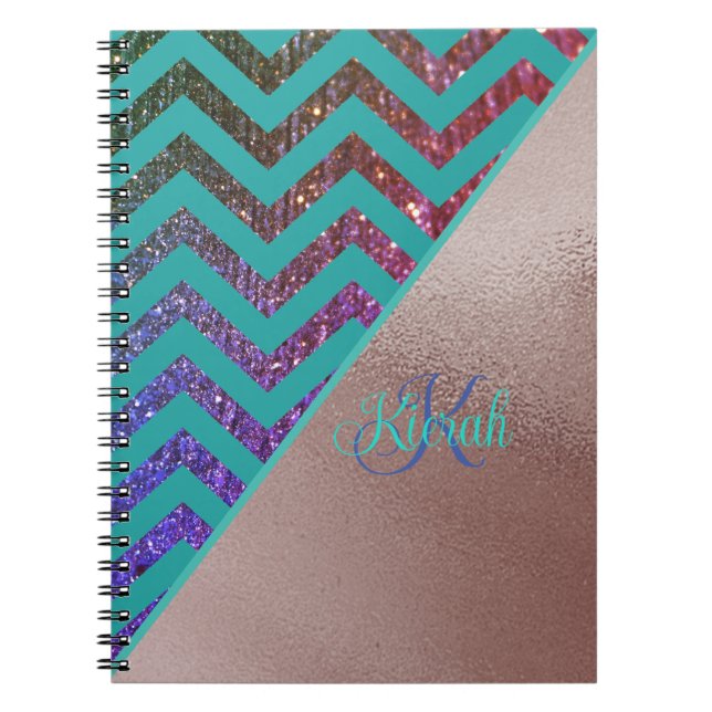 Carnet Chic Rose Gold Glittery Chevron Turquoise Green Na (Devant)
