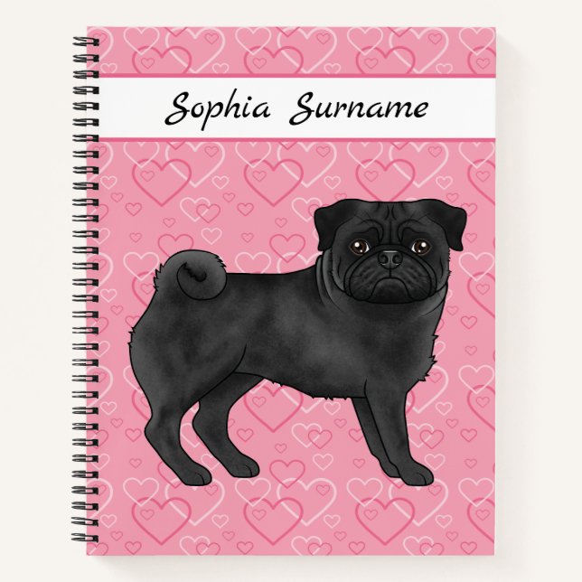 Carnet Chien Carlin Noir Mignon Balai Et Coeurs Roses Ave (Devant)