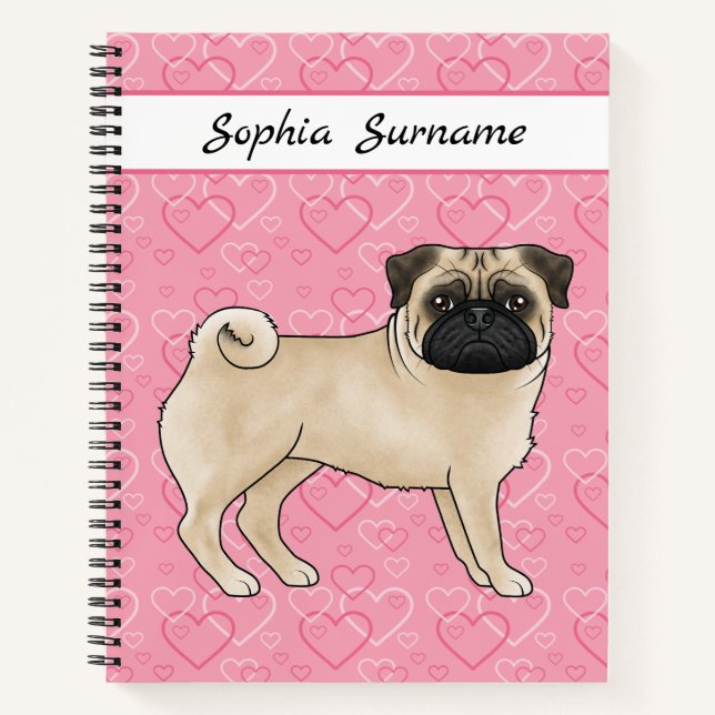 Carnet Chien Fawn Pug Mignon avec des balais et des cœurs (Devant)