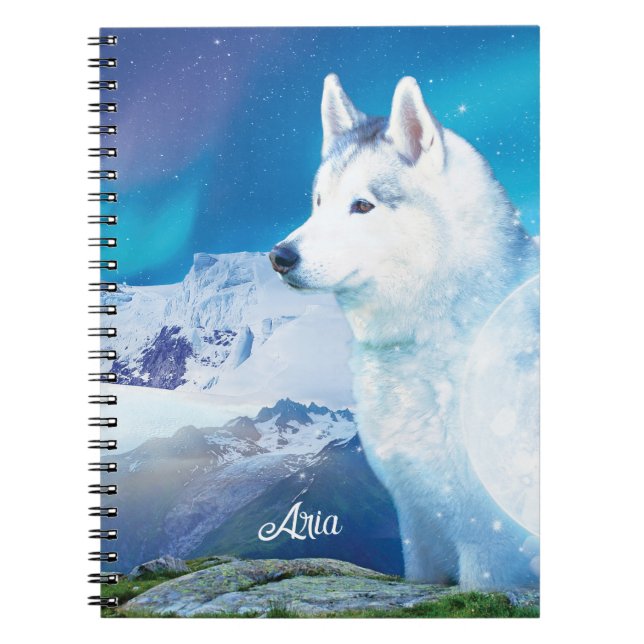 Carnet Chien Husky personnalisé avec montagnes (Devant)