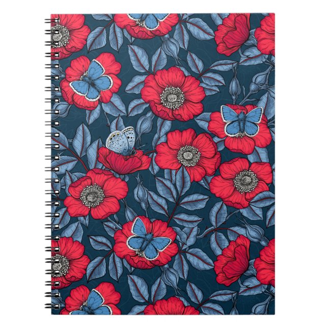 Carnet Chien rose et papillons en bleu et rouge (Devant)