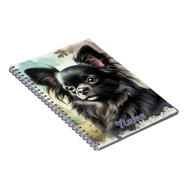 Carnet Chihuahua noir à long haïre en aquarelle (Côté Droit)