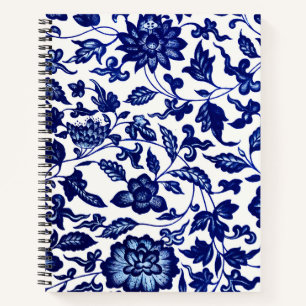 Carnet Chinois bleu marine foncé motif floral sur blanc