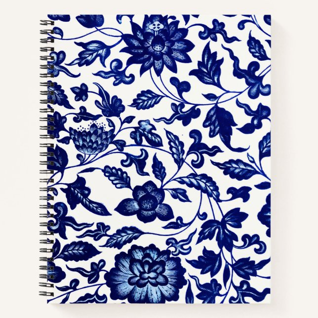 Carnet Chinois bleu marine foncé motif floral sur blanc (Devant)