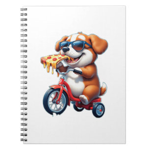 Carnet chiot à vélo mangeant de la pizza