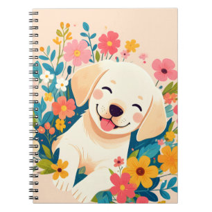 Carnet chiot labrador jaune au milieu des fleurs