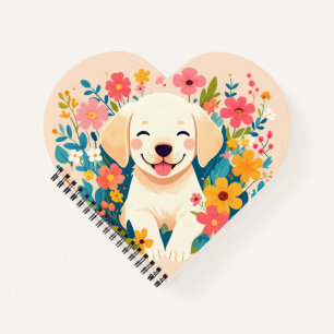 Carnet chiot labrador jaune au milieu des fleurs