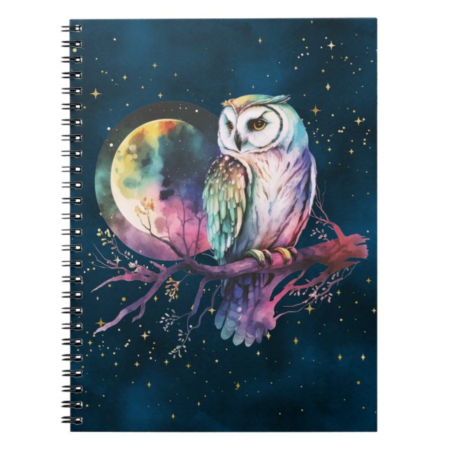 Carnet Chouette arc-en-ciel mystique et Pleine lune céles (Devant)