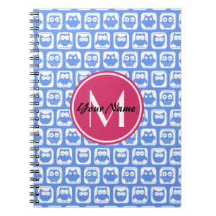 Carnet Chouette bleue Motif rose Personnalisé Monogramme
