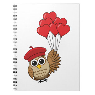 Carnet Chouette mignonne volant avec des ballons de coeur