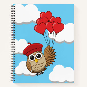Carnet Chouette mignonne volant avec des ballons de coeur
