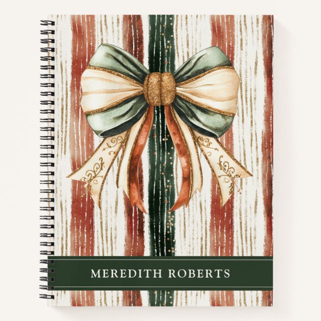 Carnet Christmas Bow Rustic Stripes Personalized (Devant)