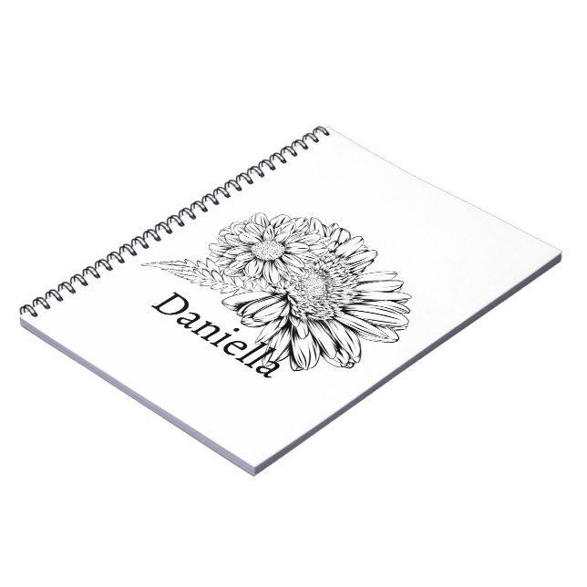 Carnet Chrysanthemum Black Line Drawing with Your Name  (Côté gauche)