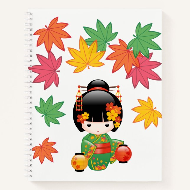 Carnet Chute Poupée Kokeshi - Green Kimono Geisha Girl (Devant)