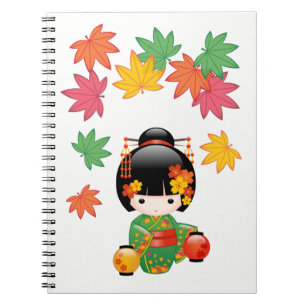 Carnet Chute Poupée Kokeshi - Green Kimono Geisha Girl