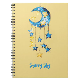 Carnet Ciel étoilé bleu aqua étoiles jaunes lunes