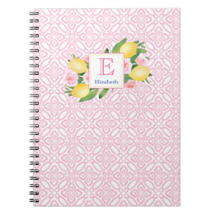 Carnet Citrons D'Agrumes Rose Et Blanc Fille Monogramme