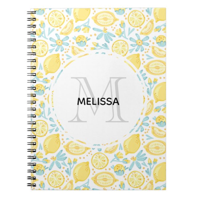 Carnet Citrons jaunes et fleurs bleues pastel Nom du mono (Devant)