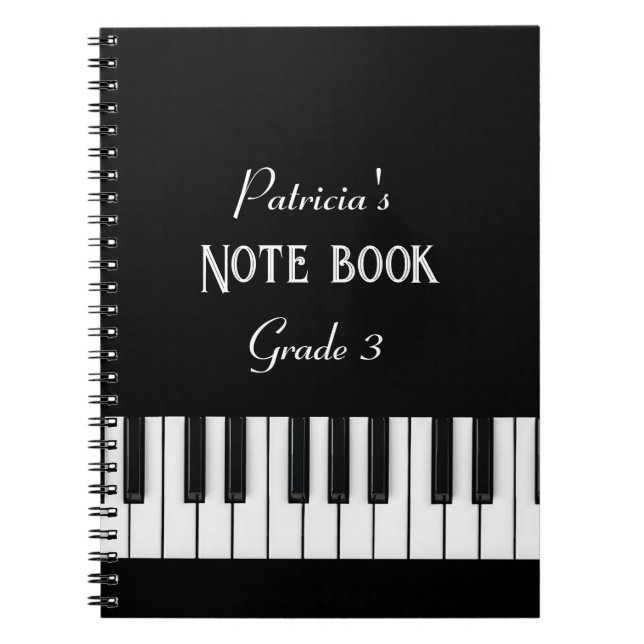 Carnet Clavier de piano et texte personnalisable noir et  (Devant)