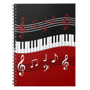 Carnet Clés et notes de piano blanc rouge noir élégant