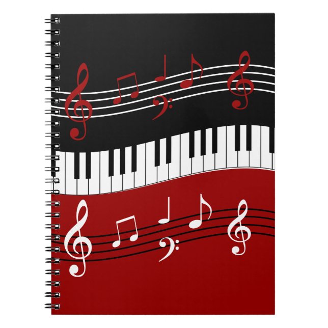 Carnet Clés et notes de piano blanc rouge noir élégant (Devant)