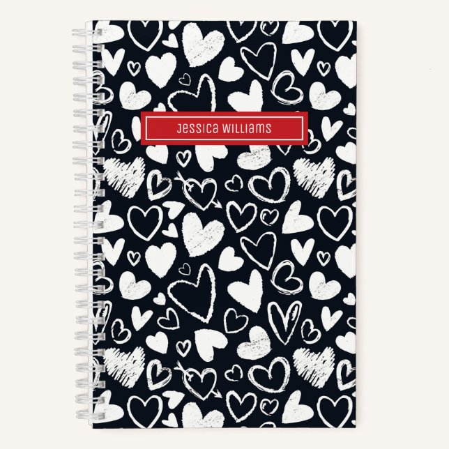 Carnet Cœur Craie Gribouillis et Motif Amour Mignon Noir (Recto)