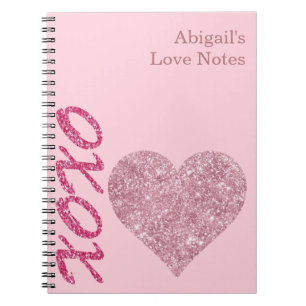 Carnet Cœur Pailleté Rose XOXO Nom Personnalisé Notes d'A