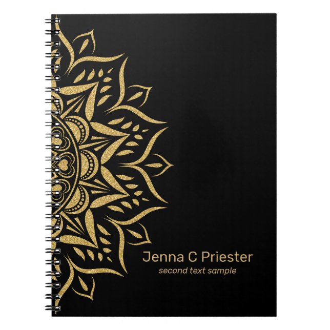 Carnet Coeurs et tourbillons de mandala d'or sur le noir (Devant)